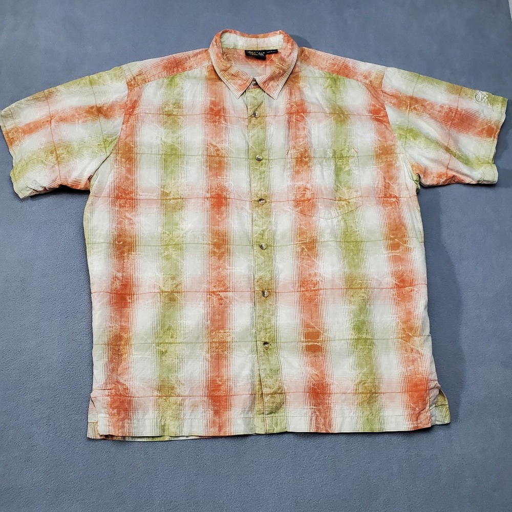 Mountain Hardwear Shirt Mens Large Beige Green Orange Striped Short Sleeve Logo
